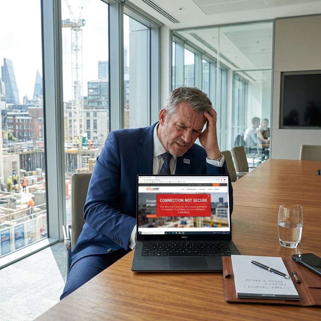 Ejecutivo de construcción frustrado frente a una computadora mostrando un error de conexión no segura.