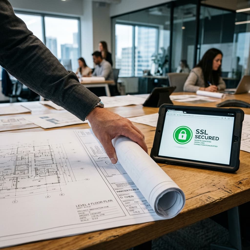 Mano sacando planos junto a una tablet mostrando candado verde de seguridad.