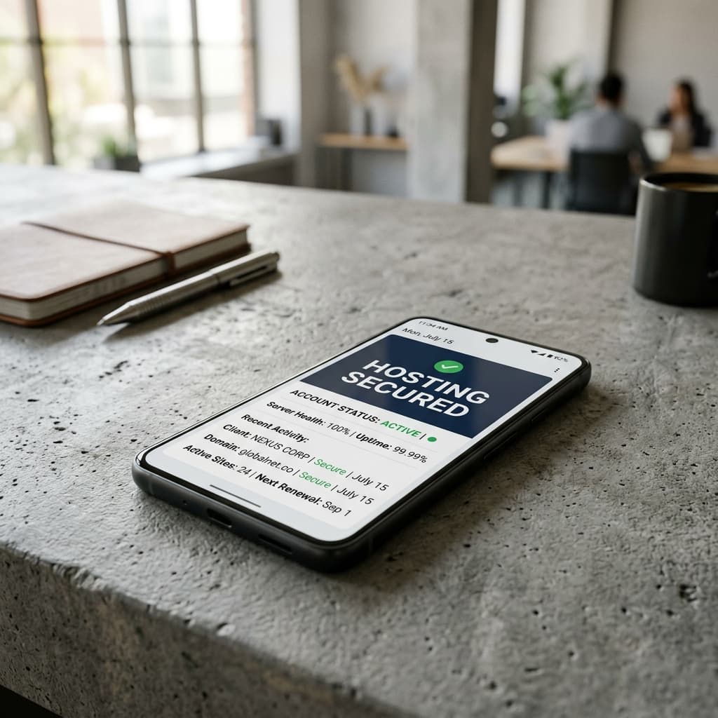 Smartphone mostrando un panel administrativo corporativo altamente seguro.