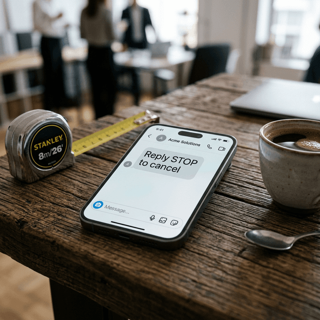 Imagen macro ruda de un asombroso smartphone letal y brillante en oficina que asombrosamente lee Reply Stop to Cancel