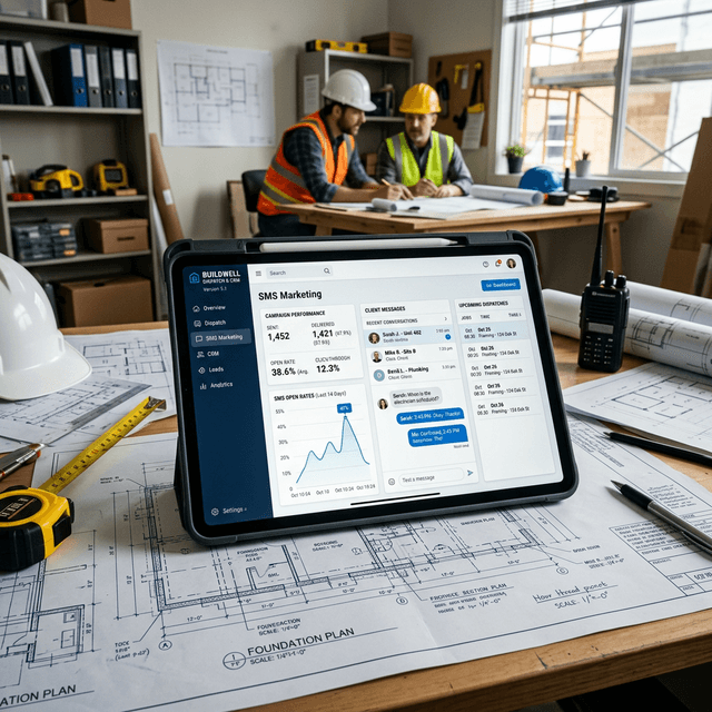 Un panel de CRM brillante que muestra análisis y métricas tácticas de operaciones SMS en una oficina