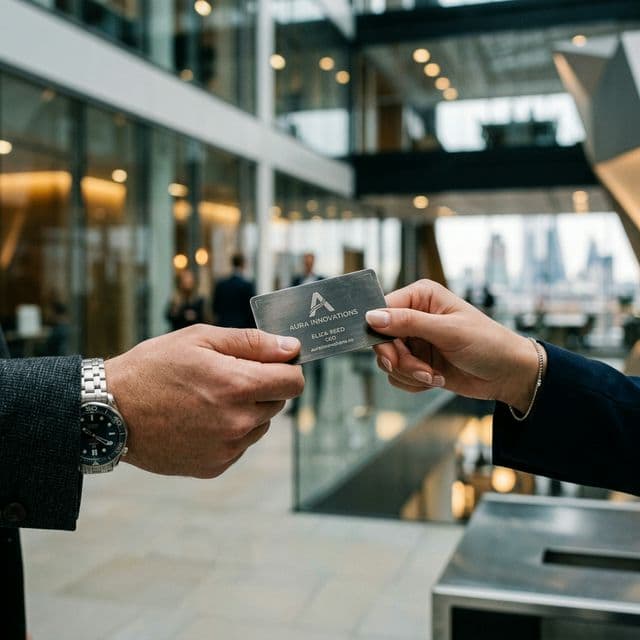 A cinematic close-up hand-off of a sleek, heavy metal business card
