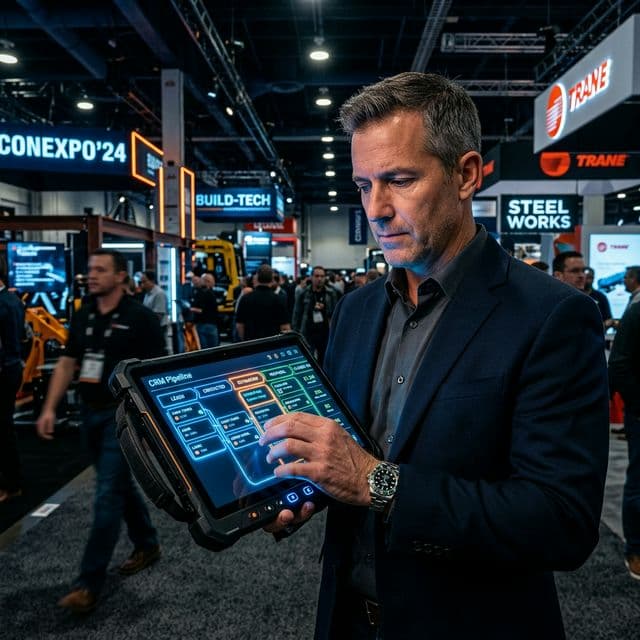 A digital CRM pipeline glowing on a sleek industrial tablet