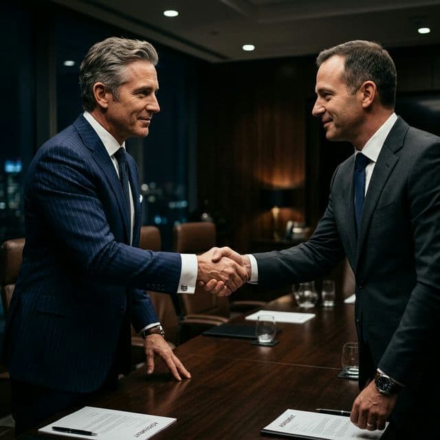 A sharp, high-end firm handshake between two executives sealing a B2B deal