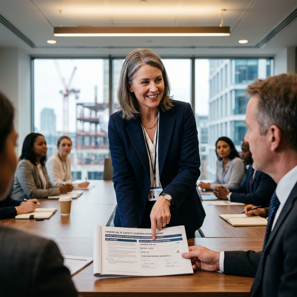 Un CFO de construcción comercial señalando con confianza un documento impreso de certificación financiera y de seguridad en una oficina corporativa.