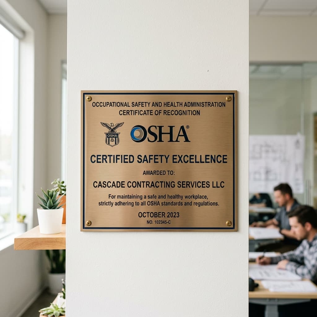Una toma macro realista de una placa de certificación OSHA auténtica montada limpiamente en una pared minimalista brillante en una oficina corporativa de construcción.