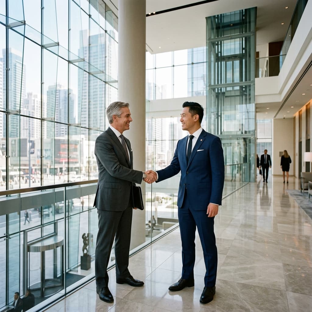 Un inversor de bienes raíces comerciales de lujo estrechando la mano de un ejecutivo de construcción de alto nivel dentro de un moderno edificio corporativo de vidrio.